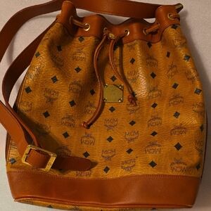 MCM Tan and Brown Logo Bucket Bag